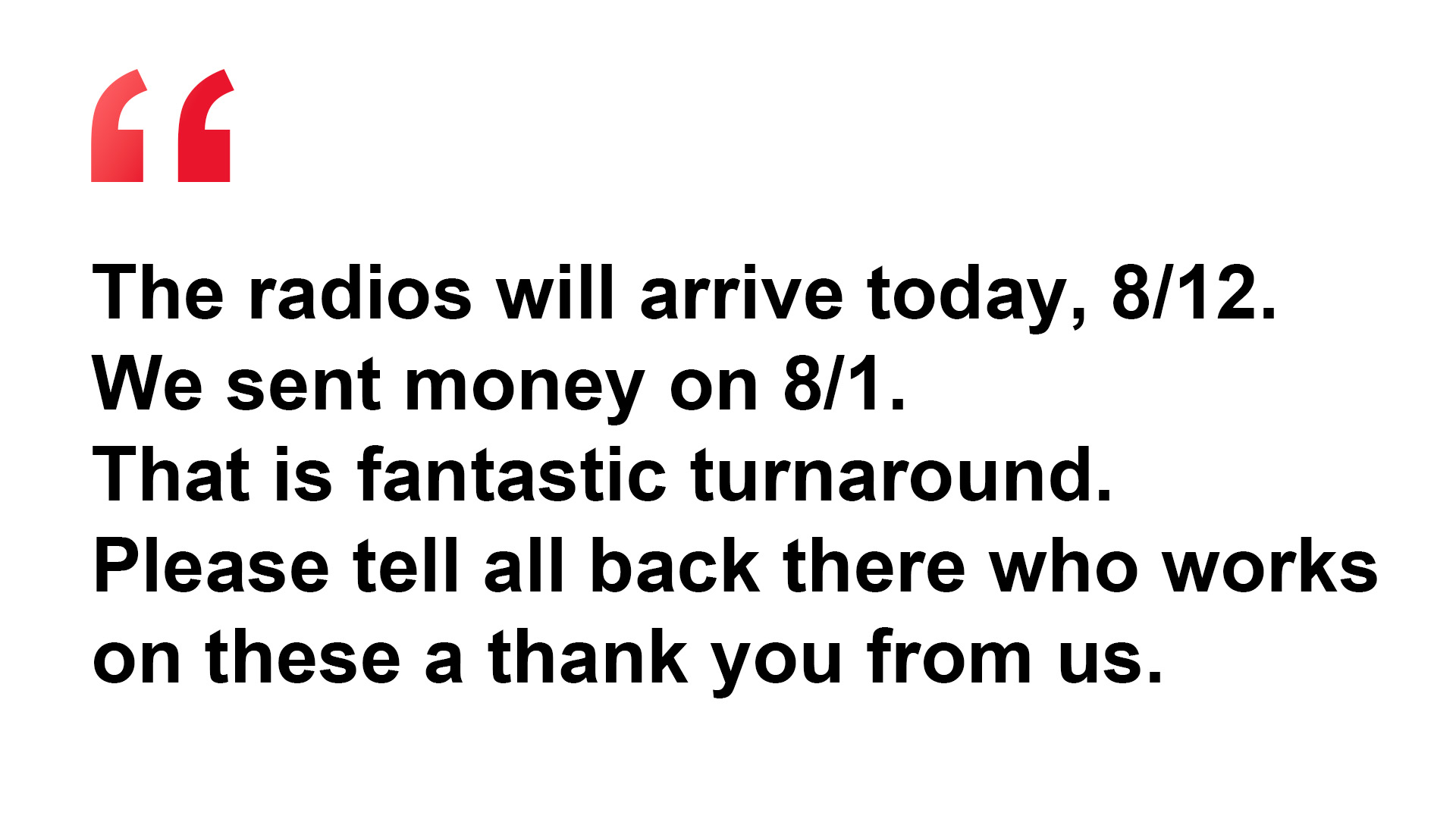 A thank-you email from a customer to our logistics team